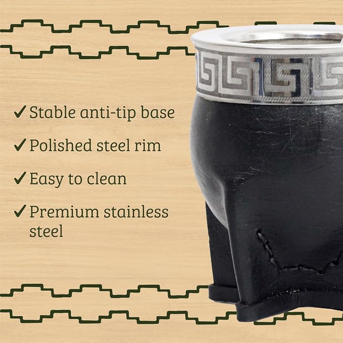 Mate Imperial – Yerba Mate Cup and Bombilla Set | Handmade Argentina Mate Gourd | Stainless Steel Mate Mug for Tea Lovers | Unique Cultural Gift (CUSCO, BLACK)