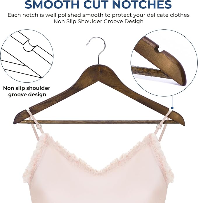 JS Hanger Wooden Coat Hangers, 20 Pack High Grade Wood Suit Hangers with Non Slip Pant Bar - Extra Smooth and Splinter Free Retro Finish Wooden Suit Hangers for Closet Organization