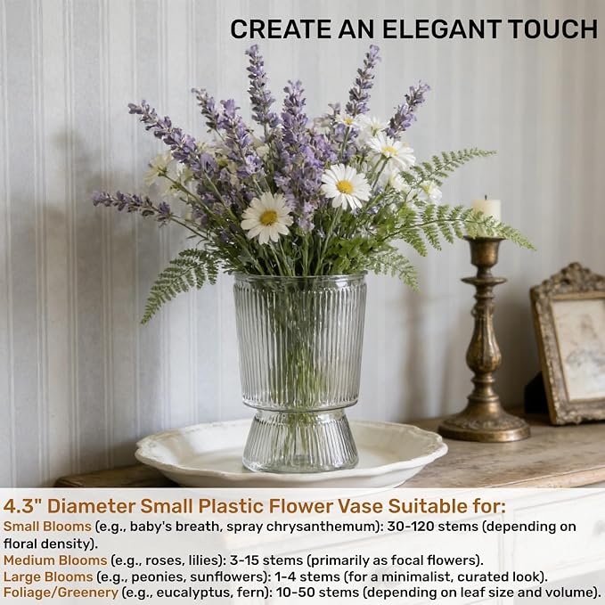 Tlence 12 Pack Clear Plastic Flower Vases, 6.3" Small Ribbed Fluted Glass-Like Vase, Decorative Modern Ripple Hydroponic Plant Vase with Base for Table Centerpieces Home Decor Wedding Decoration
