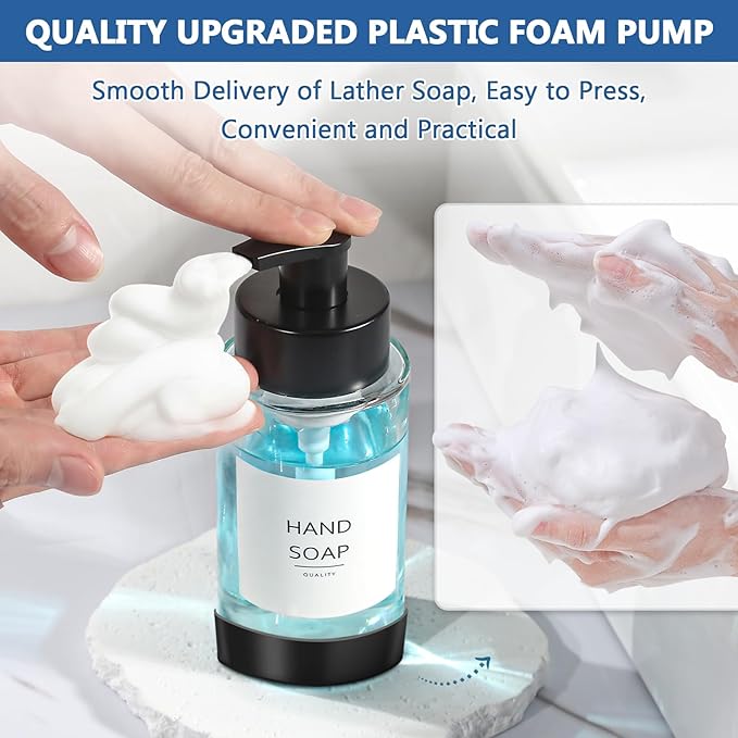 RYTOXILO Foaming Soap Dispenser, 10 oz/300ml Foaming Hand Soap Dispenser, 2 Pack Glass Dispenser with 2 Non-Slip Silicone Bottom Sleeve, Refillable Foam Dispenser for Bathroom & Kitchen