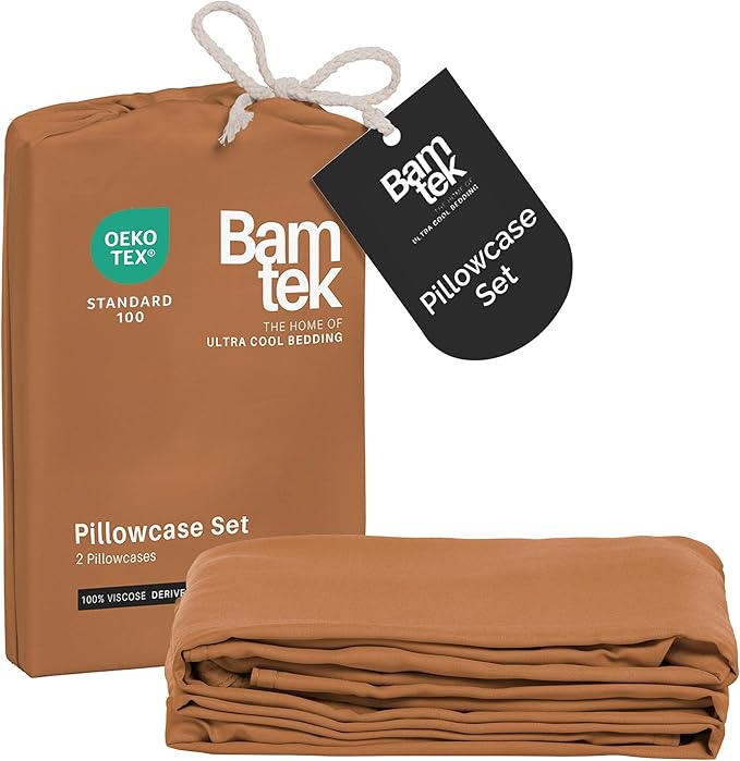 Pillow Cases Queen Size Set of 2 Pillowcases 100% Viscose from Bamboo Cooling Pillowcases, Soft & Breathable Pillow Case with Envelope Closure, Tan Pillow Cases (Almond)