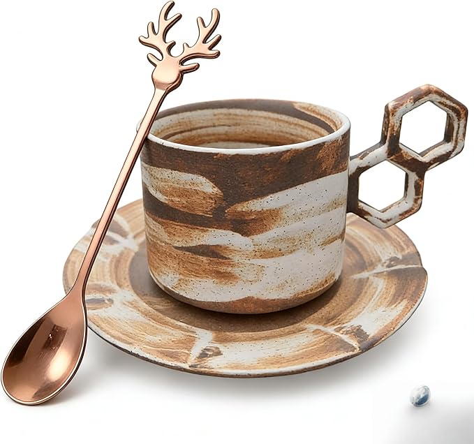 Ceramic Coffee Cup Set with Saucer and Spoon, Vintage Design Handmade Lead-Free Ceramic Artistic Latte Cappuccino Barista Espresso Tea Cup with Saucer, Coffee Cup, Tea Cup, Milk Tea Cup