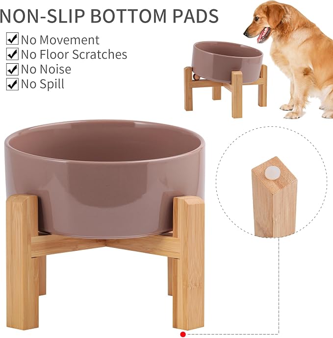 Khaki Elevated/Raised 15°Tilted Anti Slip Ceramic Dog Bowl for Medium & Large Breeds,Slanted Bulldog Big Face Pet Feeding Food Water Dish Stand for Dogs (7.6 Cups/60OZ)