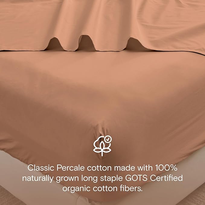DOZ 100% GOTS Certified Organic Cotton Sheet Set, Crisp Percale Weave, Long Staple, Breathable, Matte Finish, Hotel Style, Durable, 4pc – 2 Pillowcases 1 Fitted 1 Flat (Clay, Cal King)