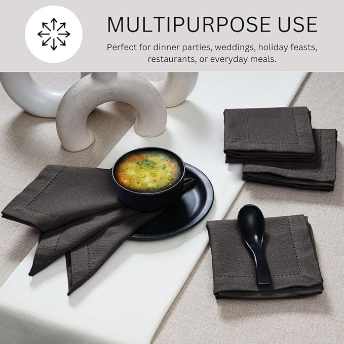 Hemstitch Cloth Dinner Napkins 100% Cotton Set of 12 - for Dining Special Occasions Weddings Parties Holidays Easter - Soft Durable Washable - 18x18 Inch Table Cloth Napkins Charcoal Grey