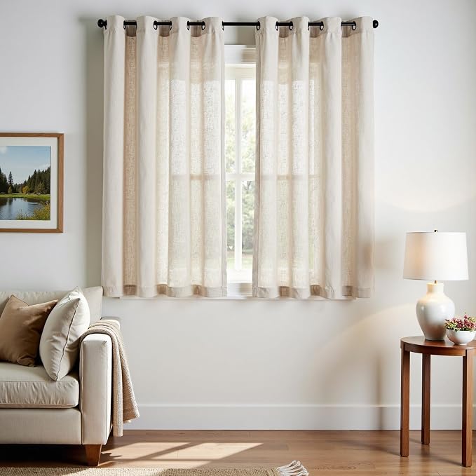 jinchan 54 Inch Curtains for Bedroom Short Linen Curtains for Small Window Kitchen Bathroom Light Filtering Farmhouse Rustic Drapes Natural Beige Grommet Drapes Living Room Curtain Panels 50 Inch Wide