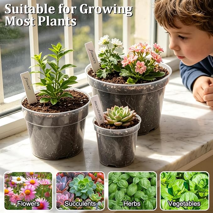 RooTrimmer 15 Pack 8/6/4 Inch Clear Nursery Pots with Drainage Hole, Transparent Plastic Plant pots, Sturdy Planting Starter Pots for Seedlings Herbs Flowers Vegetable (Clear-15P)