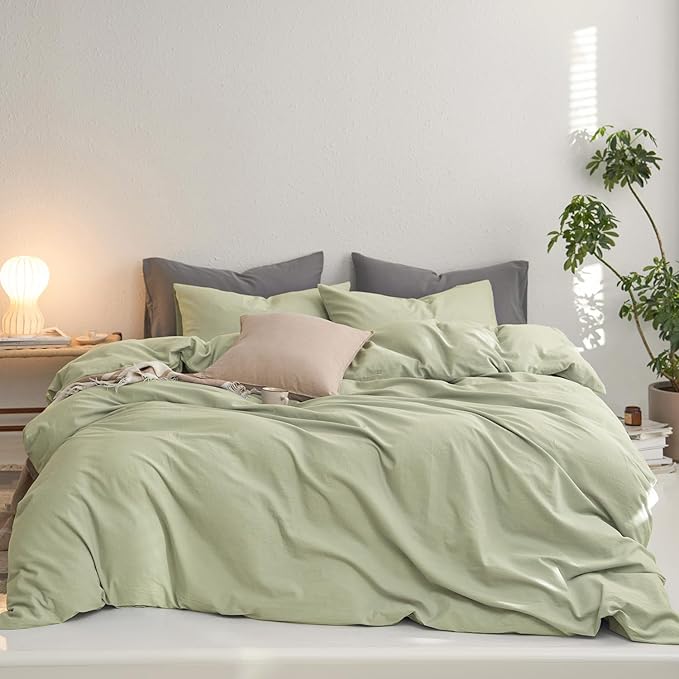 MooMee King Duvet Cover Set, 100% Washed Cotton Linen Like Twill Thick Sturdy Material Super Soft Breathable Durable Bedding for All Season, 3 Pieces (Mist Sage, King 104"x90")