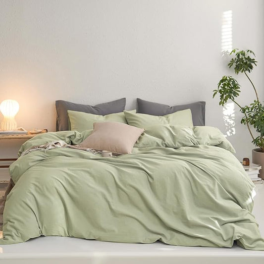 MooMee King Duvet Cover Set, 100% Washed Cotton Linen Like Twill Thick Sturdy Material Super Soft Breathable Durable Bedding for All Season, 3 Pieces (Mist Sage, King 104"x90")