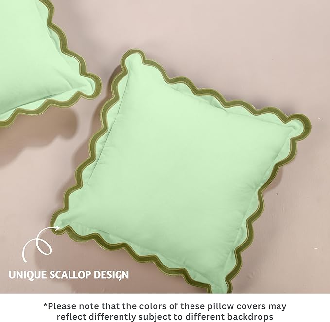 Folkulture Throw Pillow Covers 18x18 Set of 2 | Cotton, Boho, Cute Sage Green Pillow Covers for Couch | Aesthetic, Preppy Scalloped Decorative Pillows for Living Room Decor | Decorative Pillow Cover
