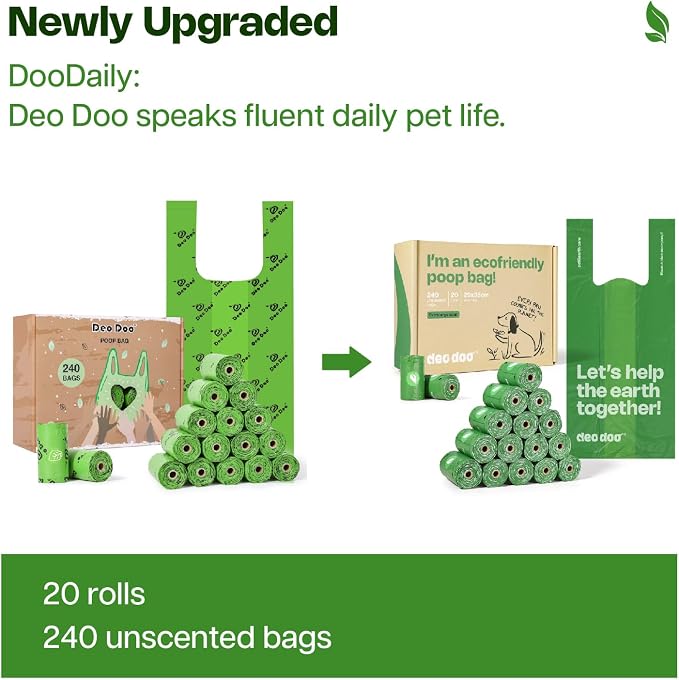 Deo Doo Dog Poop Bags with Handles, 240 Count Large Size, Extra Thick and Leak Proof Refill Rolls for Doggie Waste, Easy Tie and Cleanup, Unscented