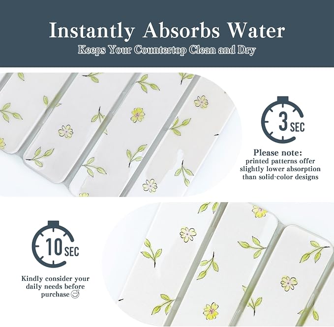 2pcs Stone Dish Drying Mat for Kitchen Counter, Quick-Dry Diatomaceous Earth Water Absorbent Pad & Countertop Drainer, Home Essentials for Bath and Pets - White & Floral, 24x16’’ & 8x4’’