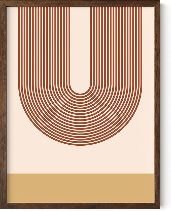 Continuous Line Face Wall Art Abstract Portrait Organic Shapes Earth Tones Terracotta Mid Century Modern 12x16 Inch Oak Wood Walnut Framed Minimalist Line Drawing for Vanity