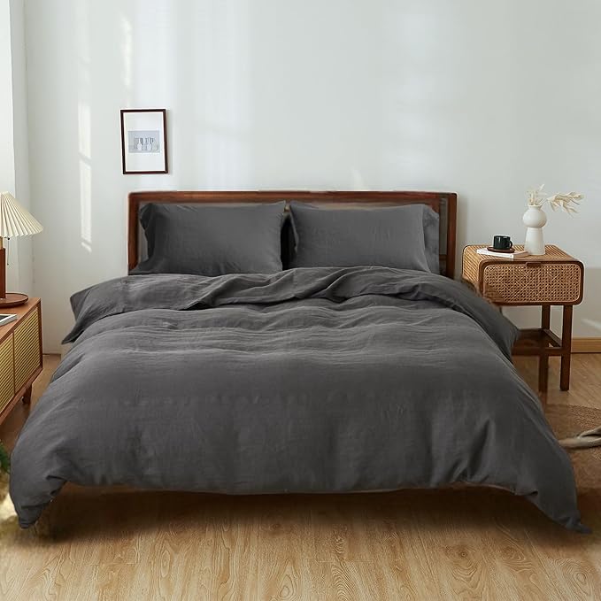 100% Linen Duvet Cover Set, 3 PCS Natural French Flax Dark Grey Duvet Cover Queen Size, Breathable Soft Comfy Linen Bedding Comforter Cover with 2 Pillowcases(Dark Grey, 88" x 92")