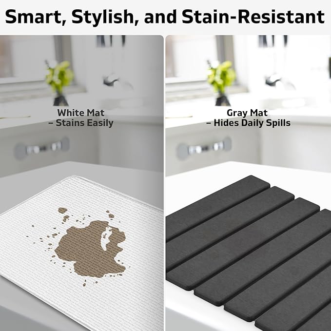 Large Stone Dish Drying Mat for Kitchen Counter, Quick Dry Dish Drying Mats, Foldable Absorbent Diatomaceous Earth Mats for Plate Rack Bottles Cups, Match Any Countertop (Dark Gray 24"×16" & 8"x4")