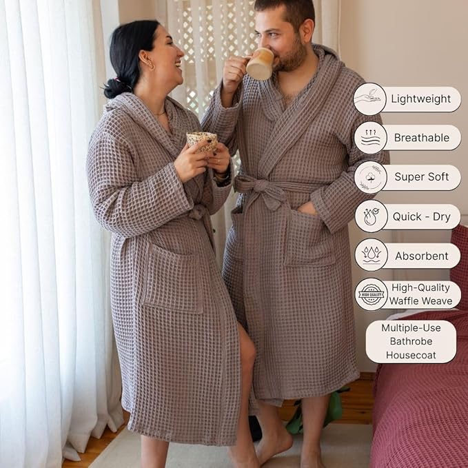 Unisex Hooded Waffle Robe for Women & Men 100% Turkish Cotton | Quick-Dry Bathrobe | Cozy Housecoat for Lounging