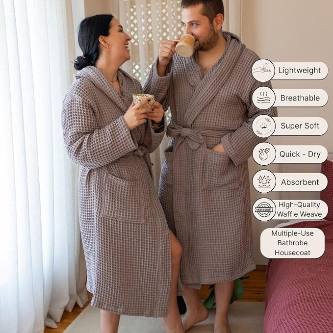 Unisex Hooded Waffle Robe for Women & Men 100% Turkish Cotton | Quick-Dry Bathrobe | Cozy Housecoat for Lounging