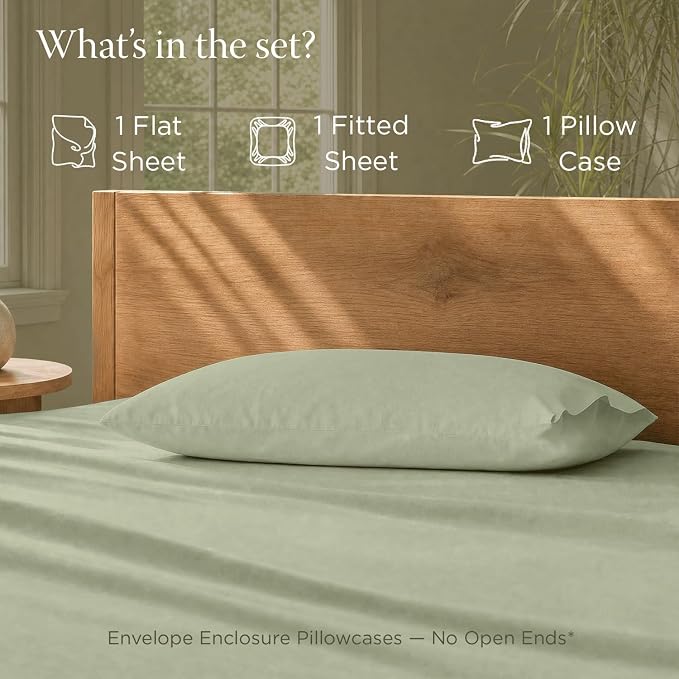 Threadmill Certified by GOTS Organic Cotton Sheets - Twin XL, 3 Piece, Sage Green - Ultra Soft, Cooling and Breathable Bed Sheet Set - Lightweight and All-Round Elastic Deep Pocket