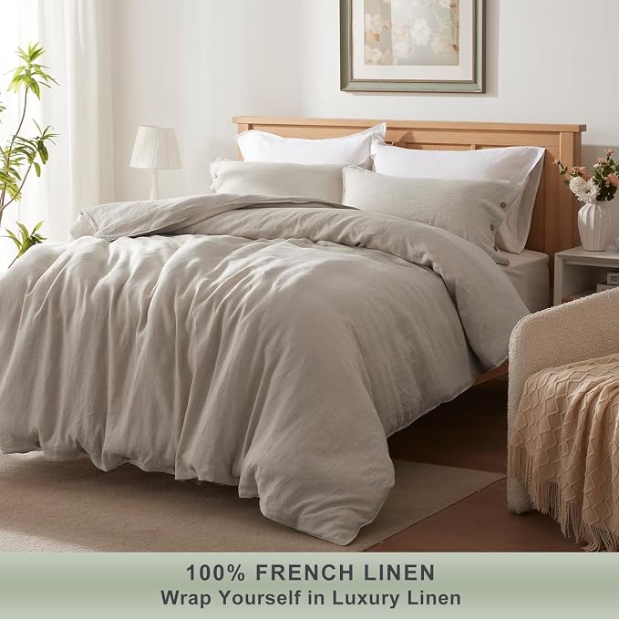 TOSMO 100% Linen Duvet Cover Set with Button Closure, 2 Pieces (1 Duvet Cover with 1 Pillowcase), Soft Breathable Durable Farmhouse Bedding - Twin, Natural Linen