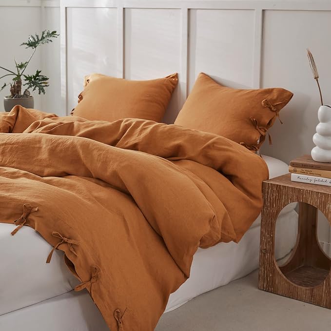 Simple&Opulence 100% Linen Duvet Cover Set 3pcs with Bowknot Ties Closure Natural French Washed Flax Solid Color Soft Breathable Farmhouse Bedding - Rust, Queen Size