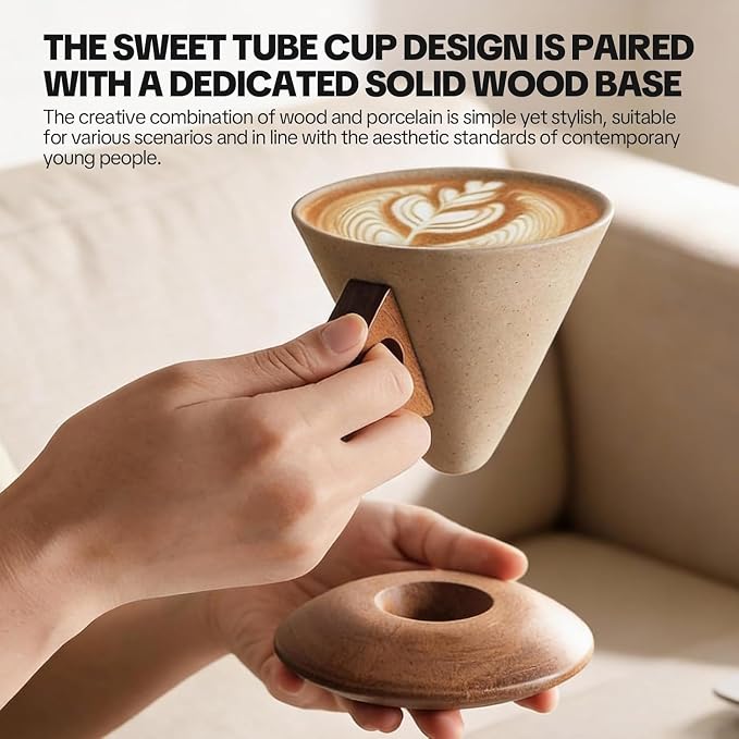 Conical Coffee Cup Vintage Ceramic Mug With Solid Wood Handle & Coaster - Reusable Heat-Resistant Cups Set for Home Office Coffee Tea