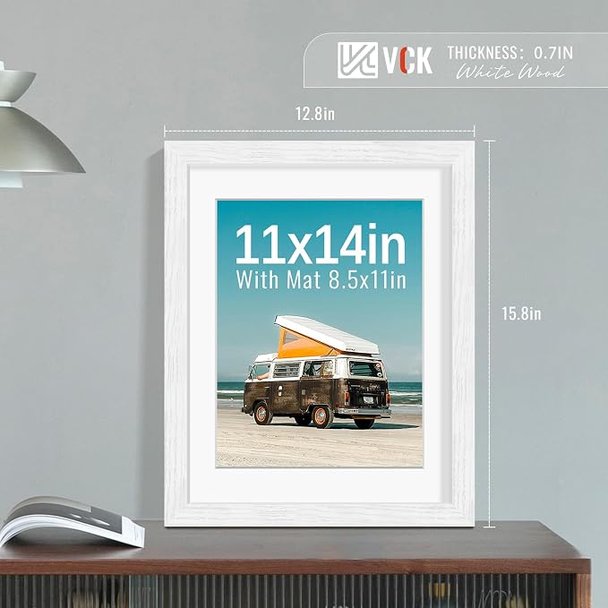 VCK 11x14 Picture Frames White 3 Pack, Wide Border Wood, Tempered Glass, Display 8.5x11 Photo with Mat or 11 x 14 without, for Home, Office, Gallery, Woodgrain Series, Wall Hanging
