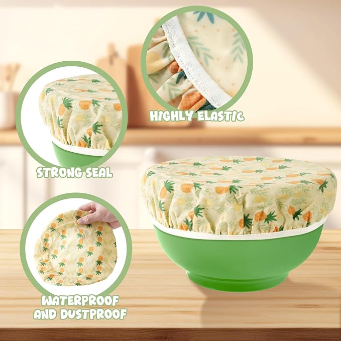 4-Pack Reusable Beeswax Bowl Covers with Fruit Pattern, 6/8/10/12 Inch Elastic Cotton Food Storage Covers for Bread Proofing, Sourdough Dough, Kitchen Containers & Food Storage