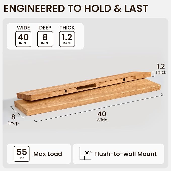 Fun Memories 40 Inch Floating Shelf, 8 Inch Deep Rounded Edge Solid Elm Wood Wall Shelf with Hidden Bracket for Living Room & Kitchen