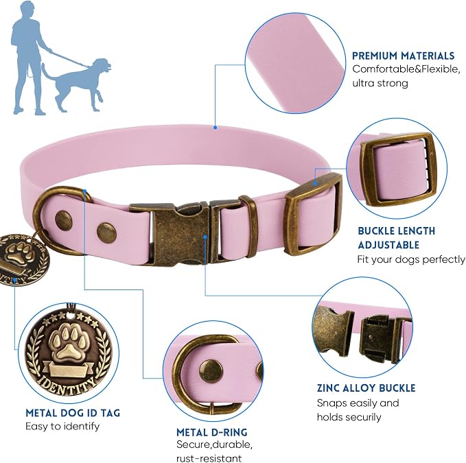 Wisedog Waterproof Dog Collar and Leash Set, S, Pale Pinkish Purple | Adjustable Puppy Collar, Cute Tag, 4FT Dog Leash, Poop Bag Included, Small Medium Large Dogs