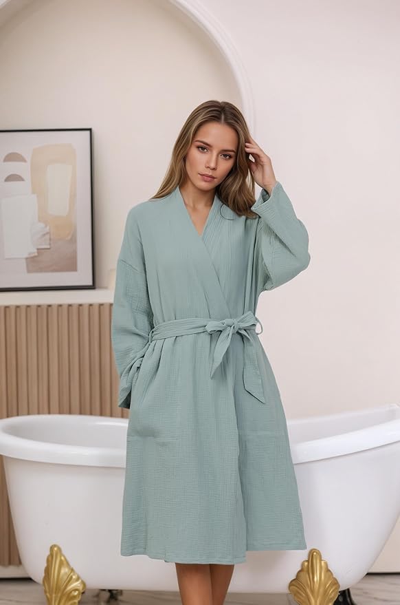 Women's Organic Cotton Bathrobe Long Sleeve Nightgowns Lightweight Waist-Tie Bath Robe for Home Spa Muslin Cotton Beach Wear