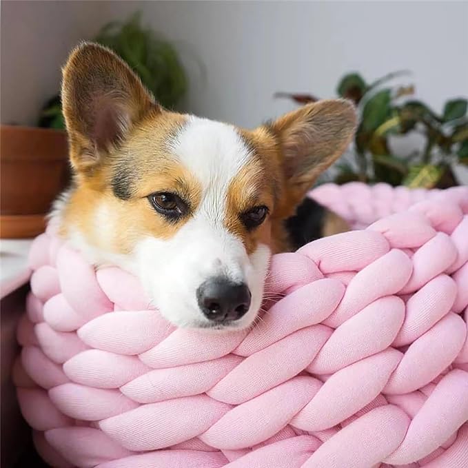 Woven Dog Bed Basket, Knitted Cotton Cat Bed Round Washable Woven Cat Pet Bed Chunky Dog Basket, Orthopedic, Chunky Knit Dog Nest,Dog Bed,Dog Cave,Dog Bedding(Green,17")