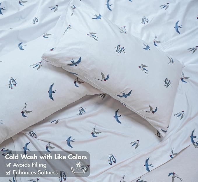 RUVANTI Flannel Sheets Queen Size - GOTS Certified 100% Organic Cotton, 4 Piece Warm, Soft & Breathable Set, Deep Pocket Snug Fit, Double Brushed Cozy All Season Bedding, Whispering Wings