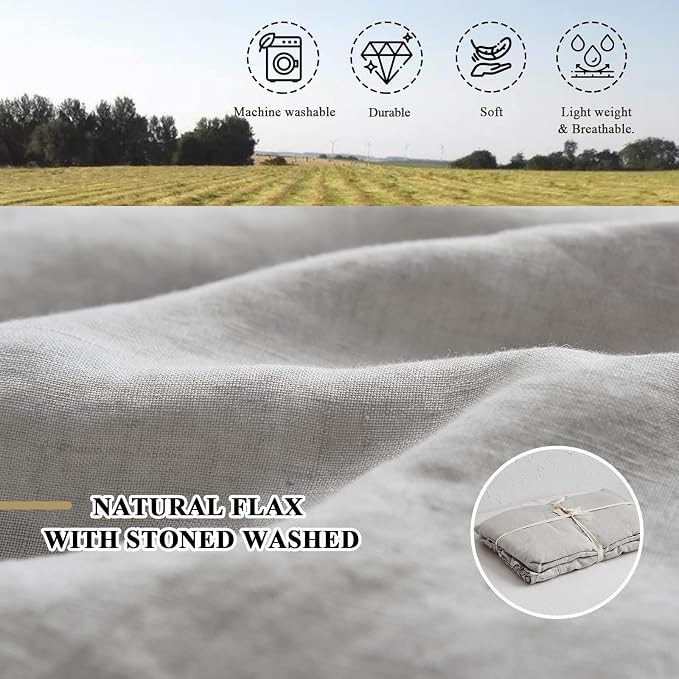 Simple&Opulence 100% Linen Duvet Cover Set, Natural French Flax Light Grey Ruffle Duvet Cover Twin Size, Breathable Comfy Linen Bedding Comforter Cover with 1 Pillowcase (Light Grey, 68" x 86")
