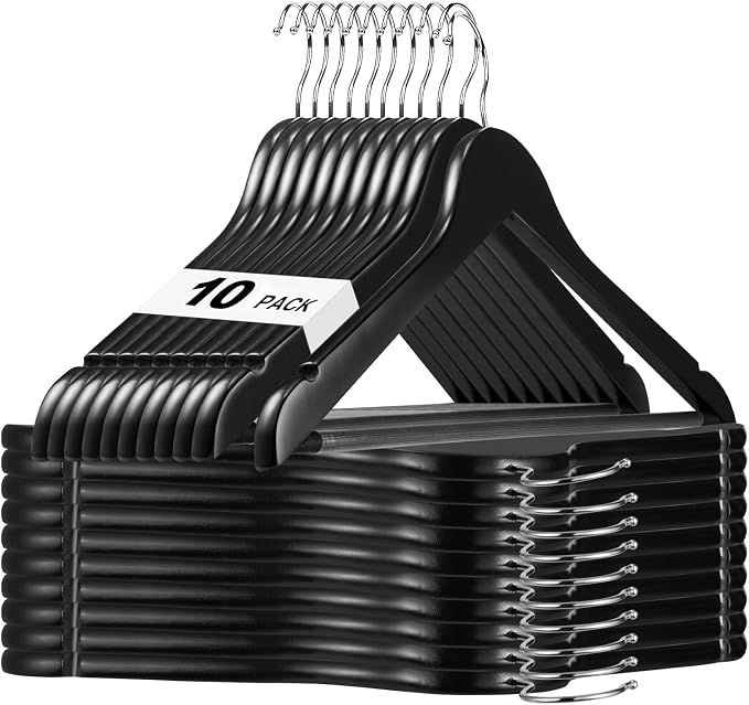 HOUSE DAY Black Wooden Hangers 10 Pack, Solid Wood Hanger with Non Slip Pant Bar, Heavy Duty Wooden Coat Hanger for Closet, Smooth Finish Wood Clothes Hangers for Shirts, Suits, Jackets, Dress