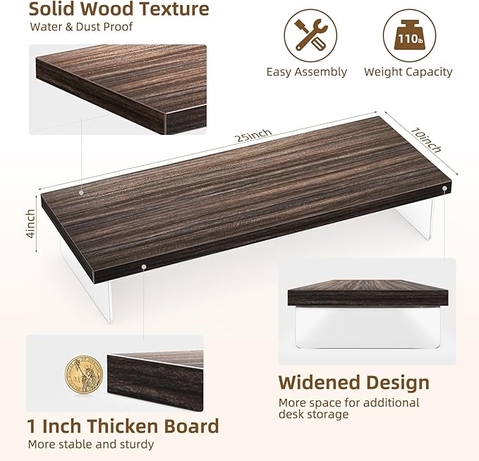 Monitor Stand Riser, Wood & Acrylic Computer Monitor Stand Desk Desktop Organizer Table for Home, Office Workspace, Laptop Riser, Printer, PC & TV Screen Riser