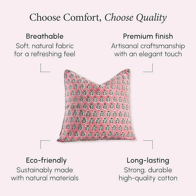 CPC 100% Cotton Throw Pillow Covers 18x18 Inch, Set of 2 Green Block Print Pattern Couch Pillow, Cute Boho Decorative Pillows for Living Room, Bedroom with Hidden Zipper- Poppy Pink