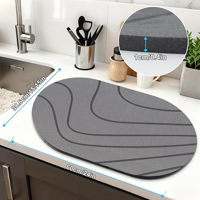 Large Stone Drying Mat for Kitchen Counter, 24"x16" Fast Drying Stone Dish Mat, Oval Diatomaceous Earth Dish Drying Mat, Highly Absorbent Eco-Friendly Kitchen Mat (Gray, Curved Stripes)