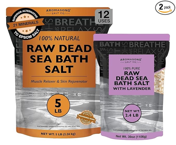 Aromasong RAW Natural Dead Sea Salt (5 LB.) with RAW Dead Sea Salt Infused with Natural Lavender Essential Oil (2.43 lb.) - Bath Soak for Women & Men with Tired Muscles & Skin Issues.