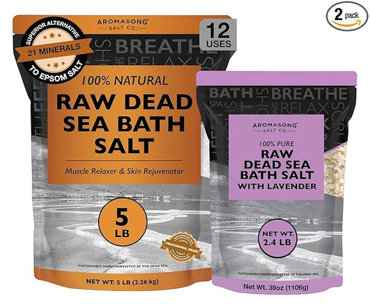 Aromasong RAW Natural Dead Sea Salt (5 LB.) with RAW Dead Sea Salt Infused with Natural Lavender Essential Oil (2.43 lb.) - Bath Soak for Women & Men with Tired Muscles & Skin Issues.