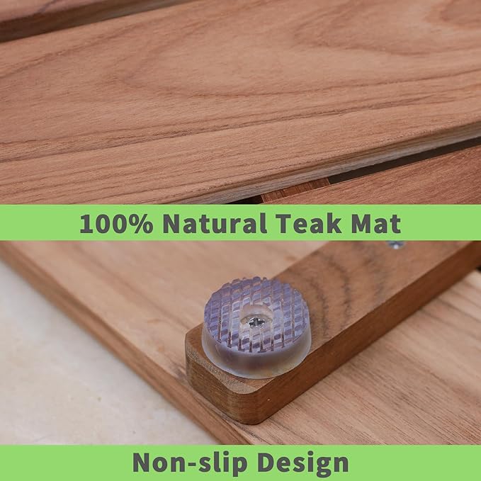 Teak Shower Mat, (24"x17") Wood Bath Mat for Bathroom, Heavy Outdoor Non-Slip Wooden Floor Mats for Spa or Sauna