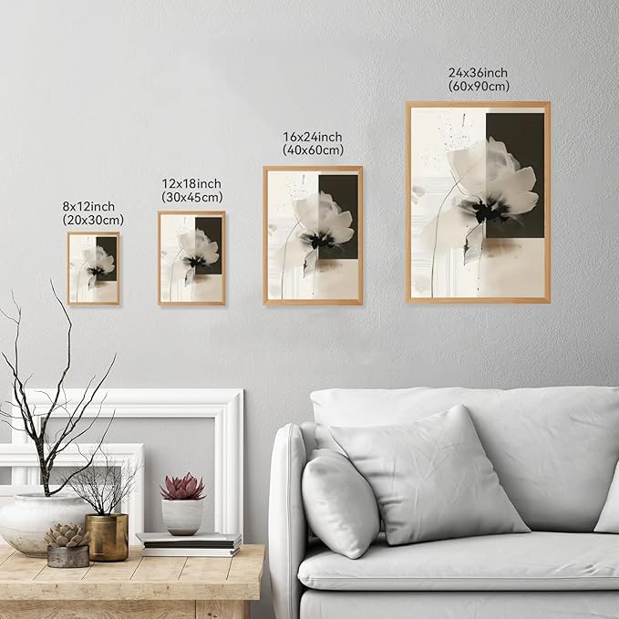 Minimalist Abstract Floral Wall Art Prints Set of 2 Neutral Beige Black Flower Canvas Painting Poster Trendy Botanical Picture for Gallery Modern Japandi Boho Home Decor 24x36inch Wooden Framed