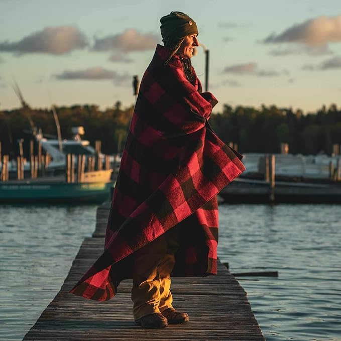 Camp Throw Blanket - 80% Recycled Wool - Buffalo Plaid - Warm Throw Blanket - Thick - Washable - 62W x 80L - Red and Black Plaid