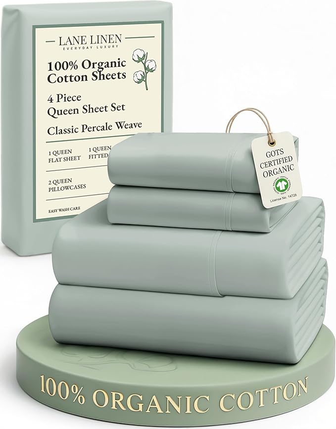 LANE LINEN 100% Organic Cotton Queen Sheets, Fully Elasticized Soft & Comfy Classic Percale Weave, Low Pill Fade Resistant Machine Washable Sheet & Pillowcase Sets, 15" Deep Pocket- Cool Blue