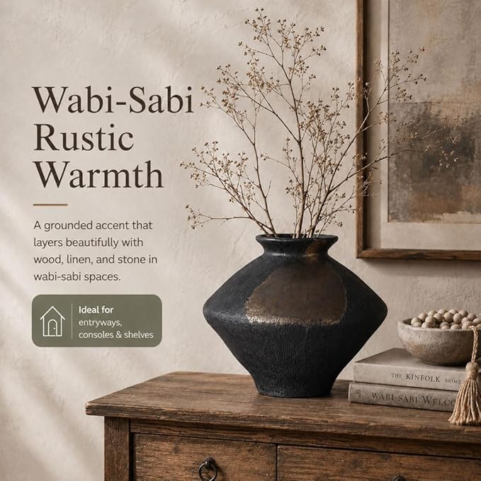Wabi Sabi Rusty Vintage Vase, 11.4" Tall Wabi Sabi Decor Rustic Farmhouse Pottery Vase for Centerpiece, Textured Pottery Flower Vases for Home Decor, Table, Living Room, Bathroom, Kitchen (11.4 in)