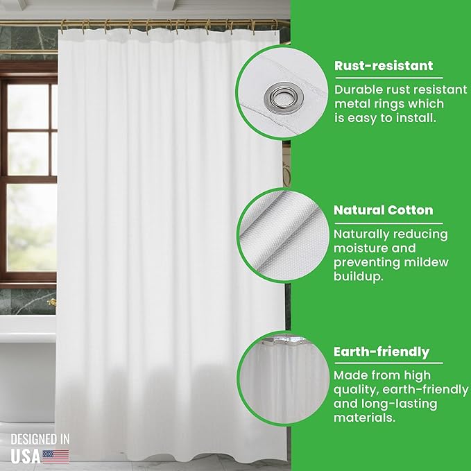 FABRIC SHOWER CURTAIN LINER 70"x74" Standard Bathtub Size, Stylish Quality Bathroom Drape, Earth Friendly Non-Toxic Odor-Free natural Cotton Liner Light-Weight Washable WHITE Shower Curtain 70x74 WC