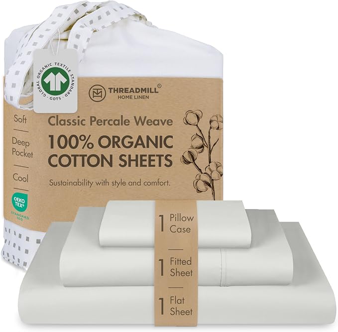 Threadmill Certified by GOTS Organic Cotton Sheets - Twin XL, 3 Piece, Light Grey - Ultra Soft, Cooling and Breathable Bed Sheet Set - Lightweight and All-Round Elastic Deep Pocket