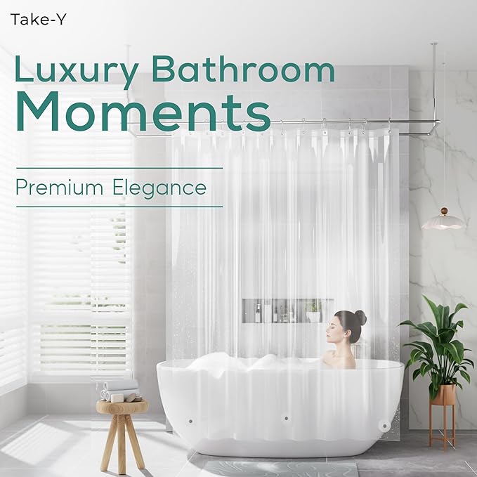 Clear Shower Curtain Liner, Premium PEVA, 72"x72", 100% Waterproof with Rustproof Grommets, Weighted, Quick Dry, Modern Style, 12 Hooks Included, Lightweight Standard Size,Odorless Plastic, Luxury