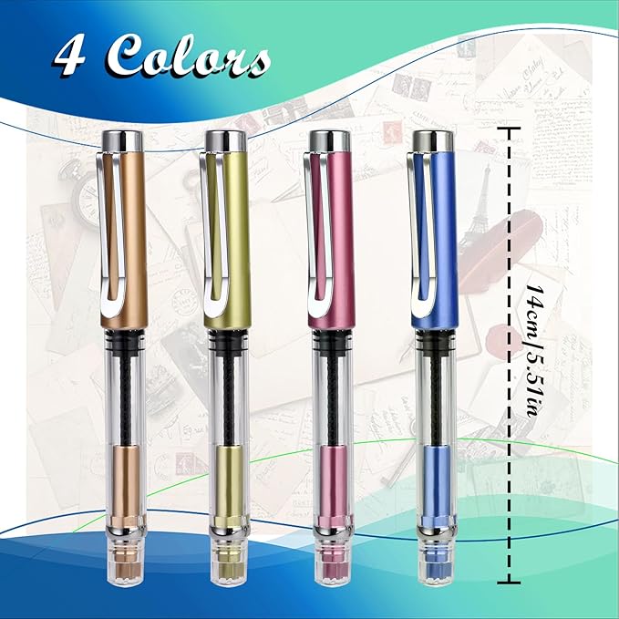 Bewudy 4 Pcs Refillable Fountain Pen Transparent Caligraphy Pens for Writing Upgrated Fine Nib Piston Filling Fountain Pen