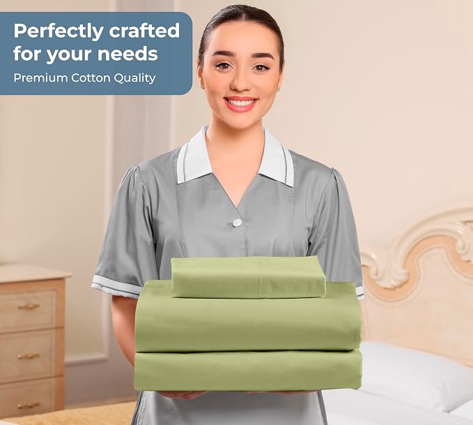 ROYALE LINENS 100% Organic Cotton Twin Sheet Set - Percale Weave - 3 Pieces Set - 1 Flat, 1 Deep Pocket Fitted Sheet and 1 Pillowcases - Sage Green Bed Sheets - Sábanas Twin - Crisp Cool (Sage Green)