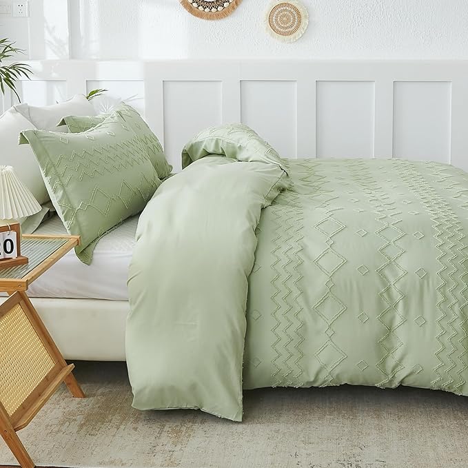 EMME Boho Duvet Cover Queen Size Sage Green - 3 Pieces Soft & Breathable Tufted Shabby Chic Embroidery Bedding for All Seasons, 1 Duvet Cover with 2 Pillow Shams & Zipper Closure (Sage Green, Queen)